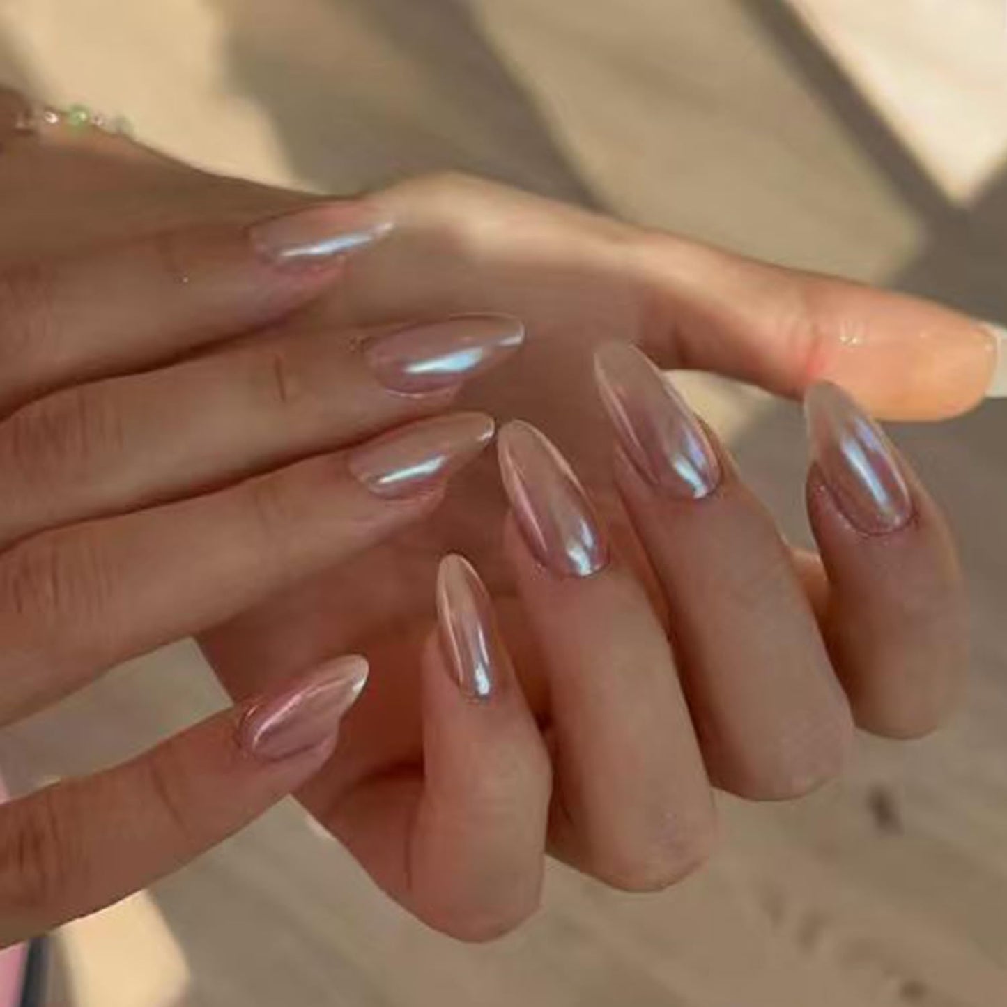 Modelones Chrome Pink Press on Nails, Summer Pearl Short Almond Fake Nails, Reusable Nail Kit with Nail Glue Adhesive Tabs Mini Nail File, Nails Press Ons 32 Pcs 16 Sizes