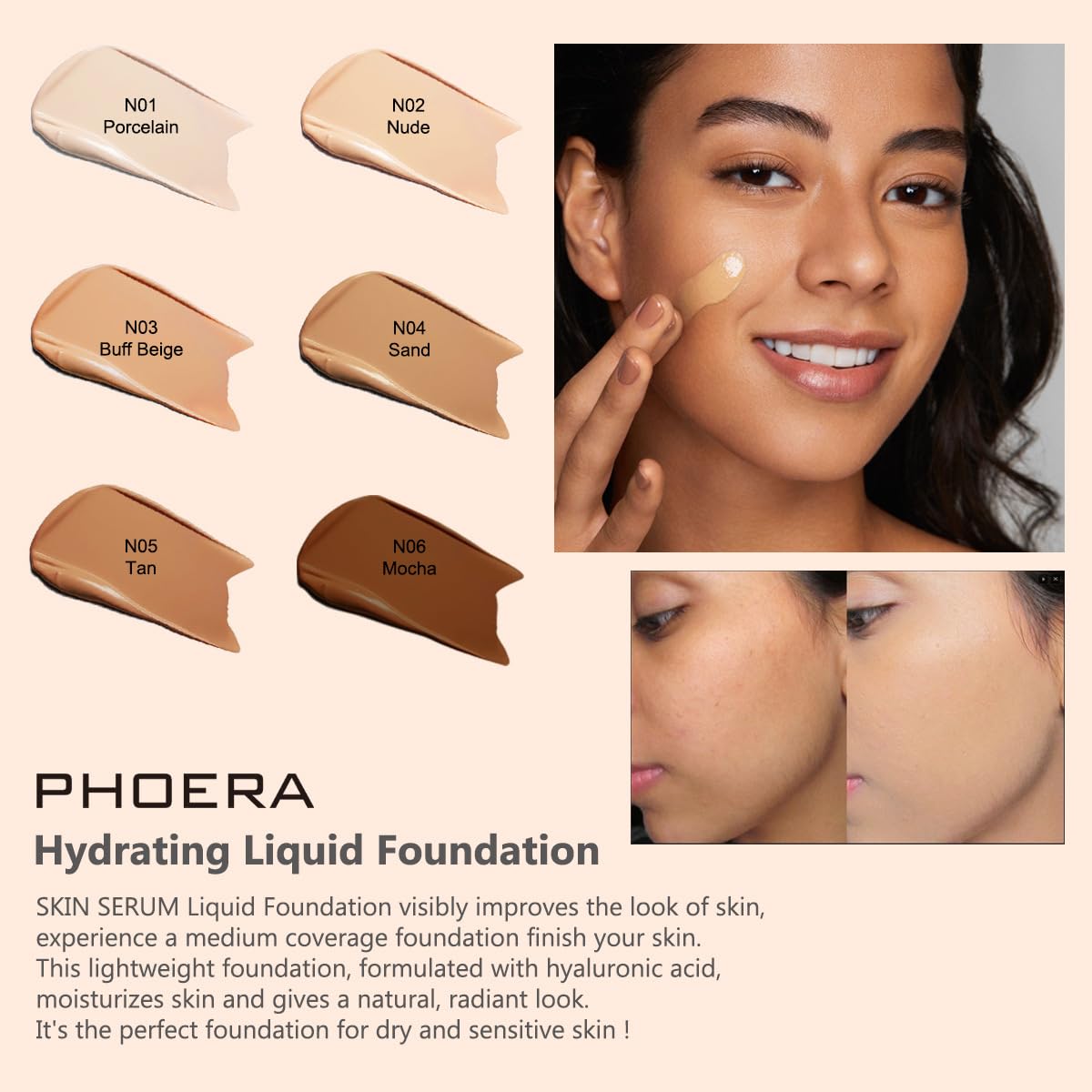 PHOERA Hydrating Serum Foundation - Flawless Full Coverage Makeup | N05 Tan, Hypoallergenic Formula