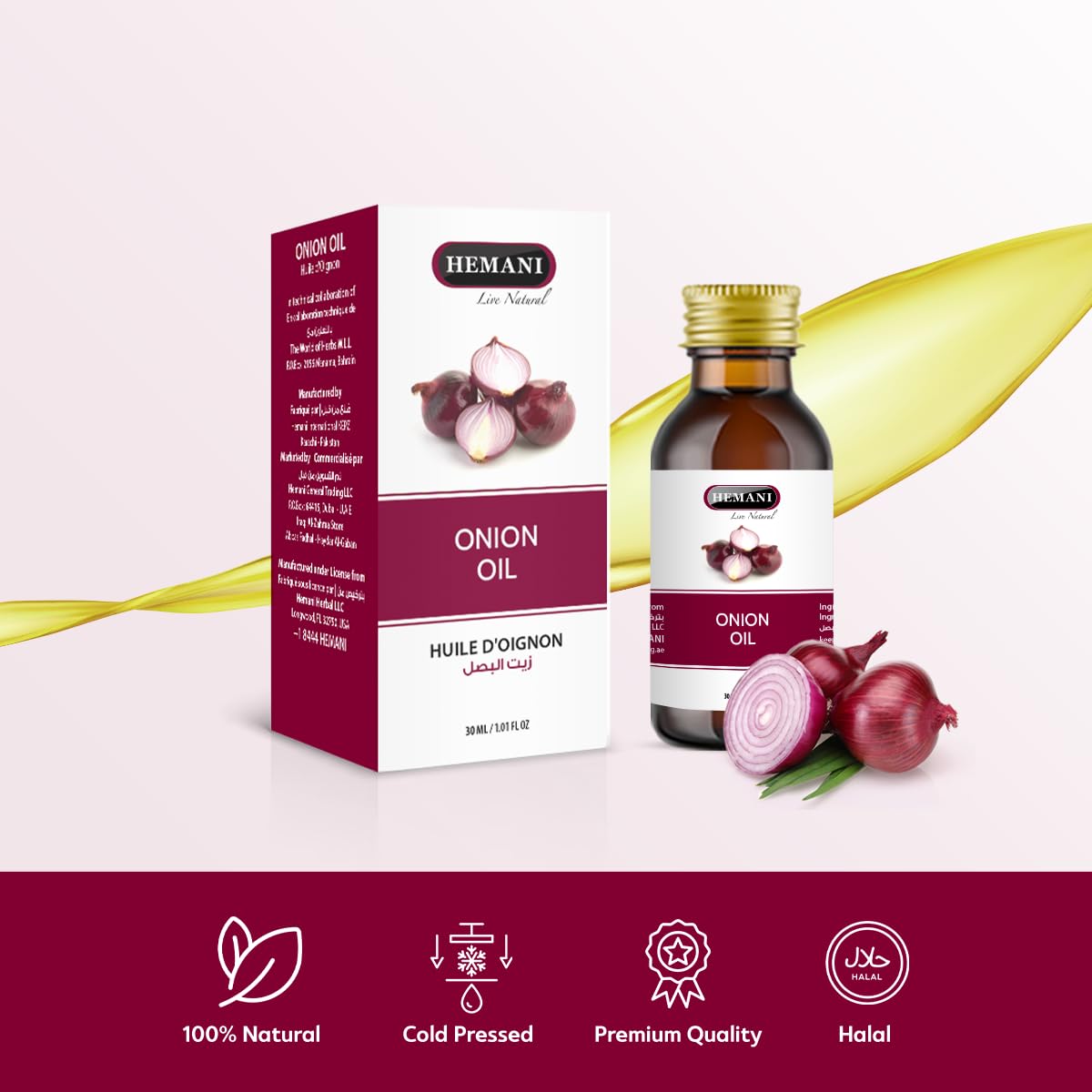 Hemani Onion Hair Oil 30mL, Cold Pressed Red Onion Scalp Treatment with Dropper, Halal, Mineral Oil Free, 1 Fl Oz Bottle