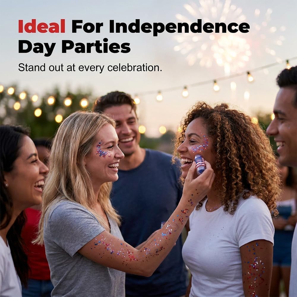 Patriotic 4th of July Glitter Stick | Self Adhesive Red White Blue Face & Body Sparkle | Waterproof Long Lasting Hair Makeup for Festivals, Parades & Kids (2 Pcs)