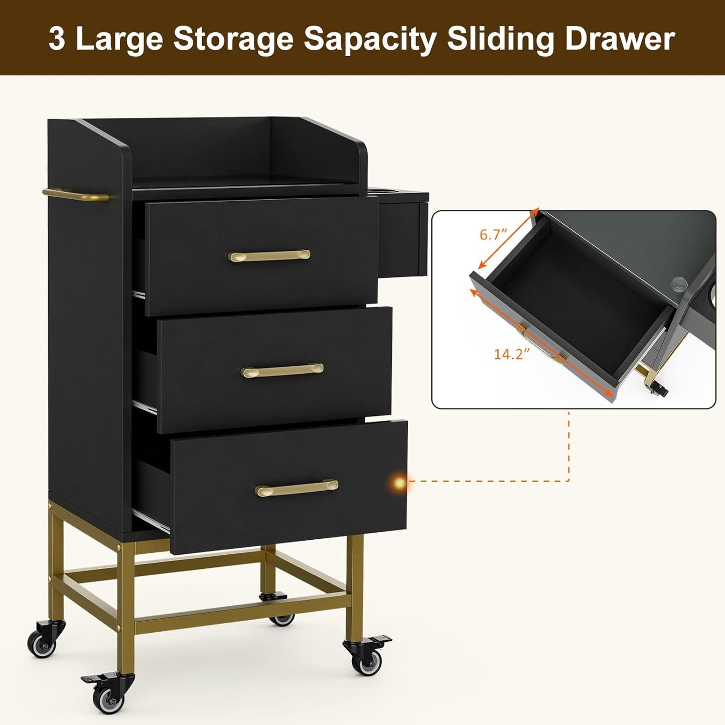 Beauty Salon Storage Trolley Cart - Glass Top Hair Station Cabinet with Lockable Wheels | Black