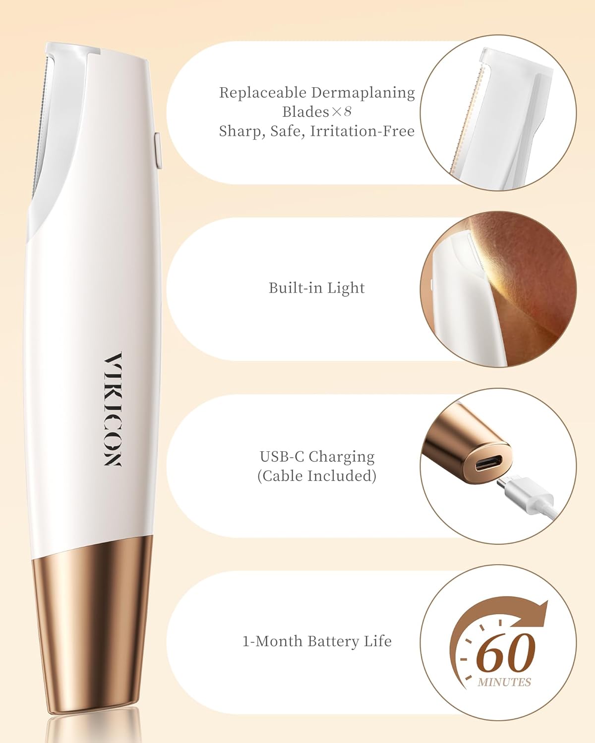 Sonic Dermaplaning Tool - Rechargeable Facial Hair Remover & Exfoliator | 8 Refill Blades, Smooth Skin - White