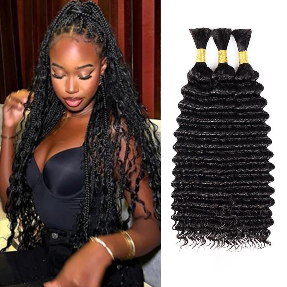 28 28 28 Inch Bulk Human Hair for Braiding Deep Wave 1B Natural Black Color Human Braiding Hair Extensions for Boho Braids Deep Wave Virgin Curly Bulk 3 Bundles Total 150g