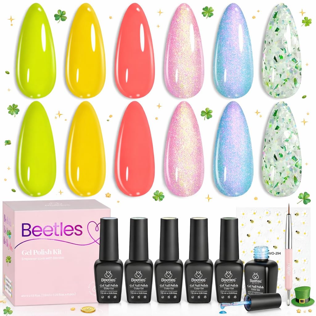 Beetles Green Gel Nail Polish Set - 6 Colors Cat Eye Glitter Gel | Summer Lime Yellow Flash UV LED Starter Kit for DIY Home & Salon Use