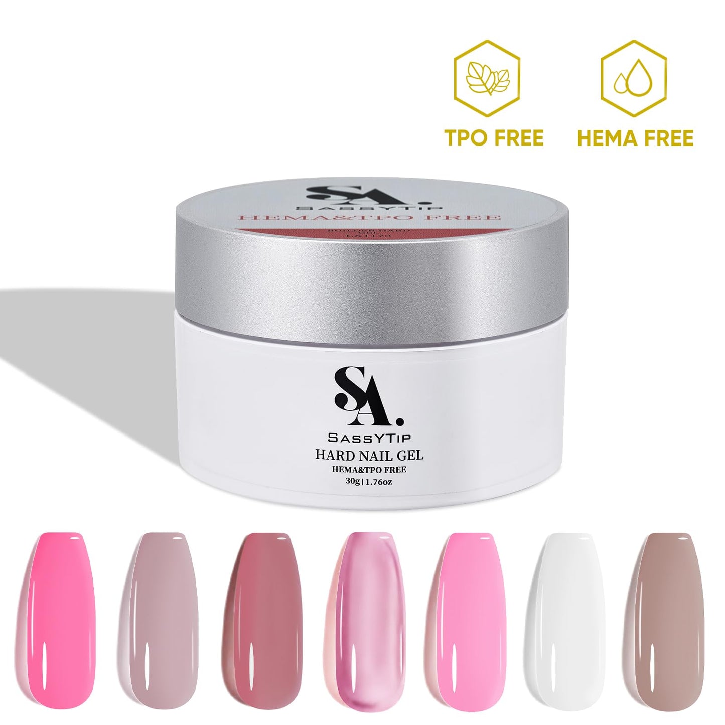 SASSYTIP HEMA TPO Free Builder Hard Gel, 30g Salon Strength, 7 Shade Colors - Safe Allergy-Friendly Nail Gel for DIY at Home & Professional Nail Extensions, Sculpting, Apex Building (Bright Pink)