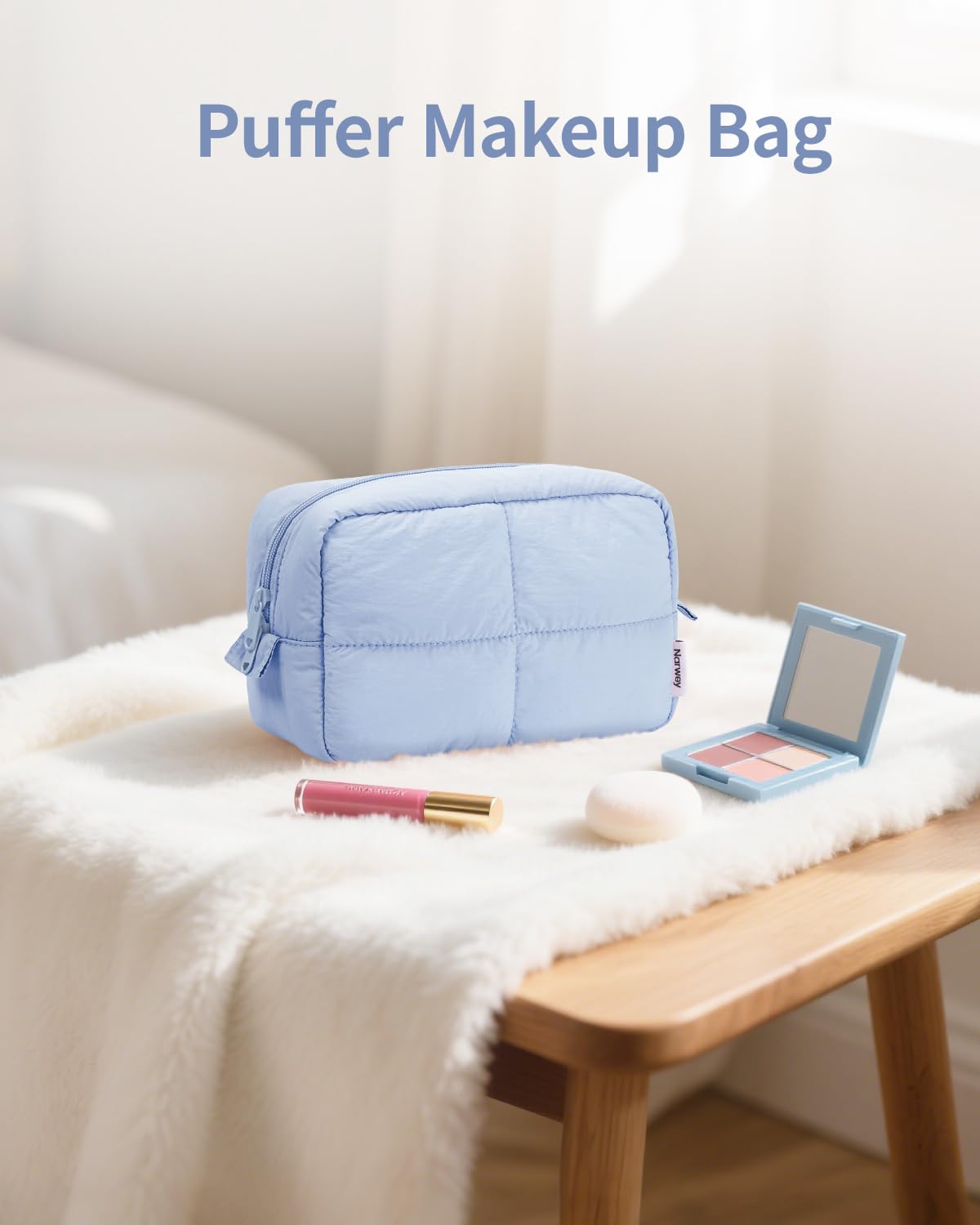 Narwey Puffy Makeup Bag for Travel Women Girl, Quilted Makeup Bag Cosmetic Bag, Cute Puffer Make Up Organizer Bags, Travel Toiletry Bag Toiletries (Blue)