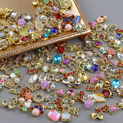 JALIYA 50pcs Gold 3D Nail Charms for Acrylic Nails – Mixed Styles, Rhinestones & Pearls (Gold)