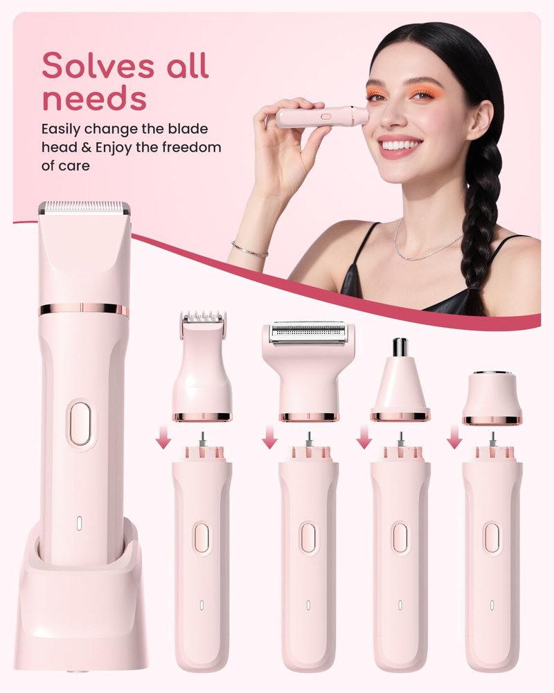 Bikini Trimmer for Women - 5 in 1 Electric Razors for Ladys Pubic Facial Nose Body Leg Hair Removal, Waterproof Electric Shaver for Women Private Area Sensitive Skin, Personal Hair Trimmer-Pink