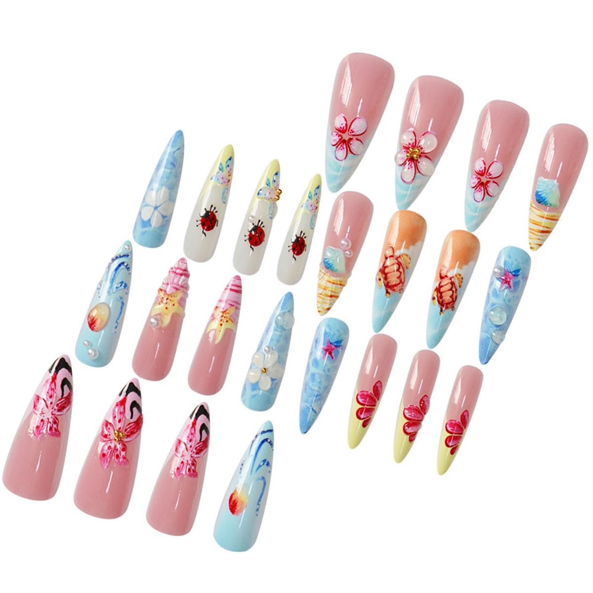 24Pcs Summer Beach Press on Nails Long Stiletto False Nails 3D Ocean Seashell Turtle Starfish with Colorful Flower Design Cute Fake Nails Tropical Vacations Glue on Nail for Women Acrylic DIY