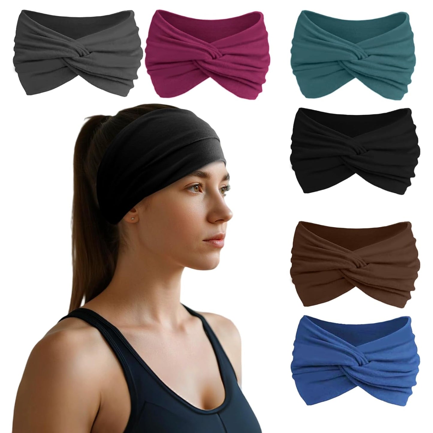 HSEM Wide Non-Slip Headbands for Women - Stretchy Cotton Hair Accessories | 6 Pcs for Gym & Workout