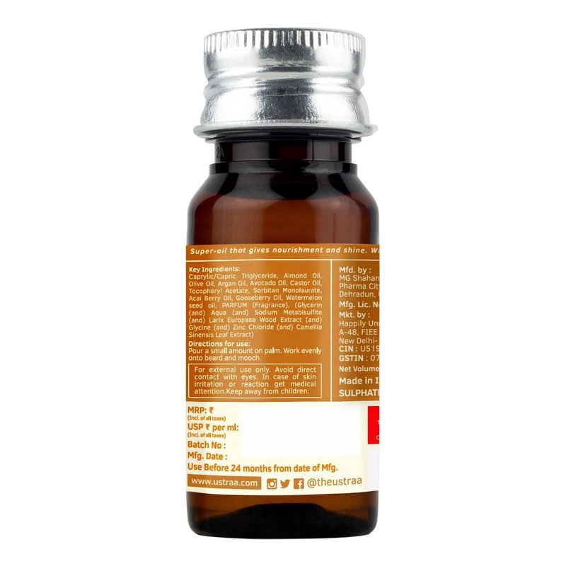 USTRAA Beard Growth Oil - 1.18 Oz - More Beard Growth, With Redensyl, 8 Natural Oils including Jojoba Oil, Vitamin E, Nourishment & Strengthening, No Harmful Chemicals