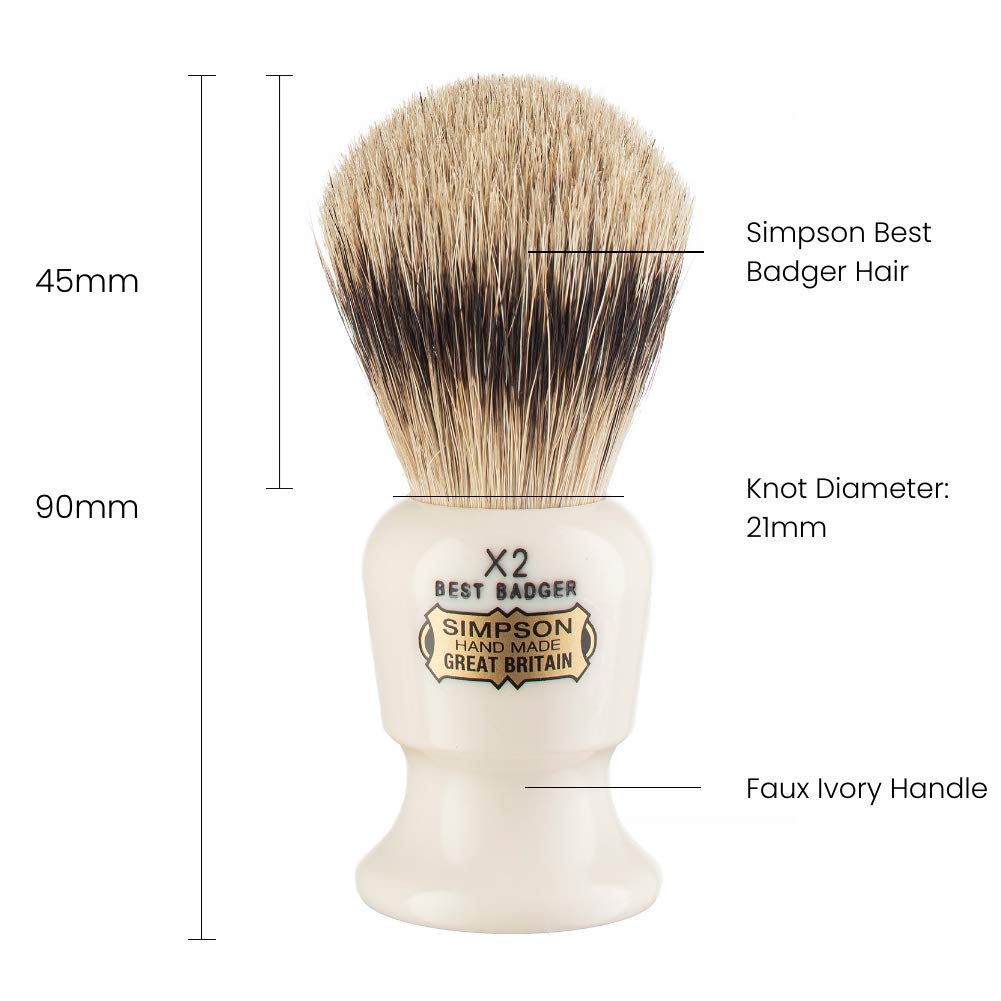 Commodore Best Badger Brush- Simpson Shaving Brushes - Faux Ivory Handle (X2 Best)