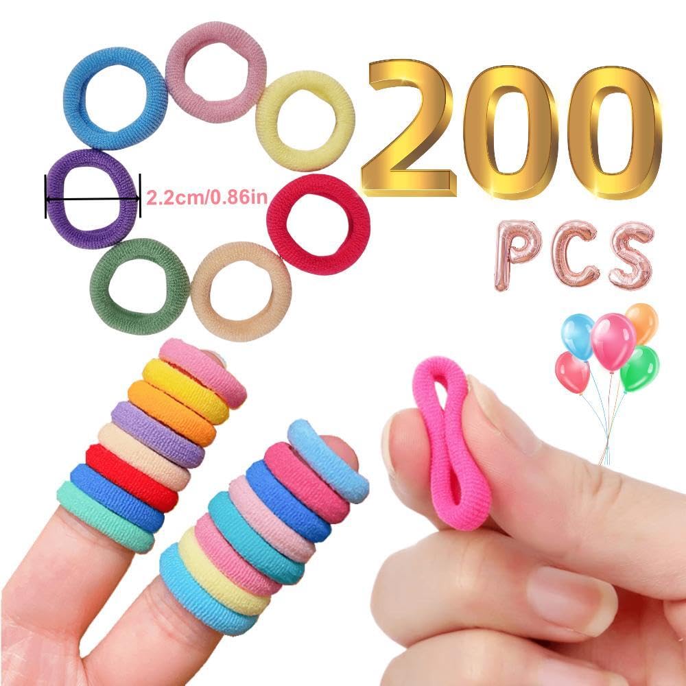 Baby Hair Ties Set - 200 Ultra Soft Cotton Seamless Bands for Toddler Girls | Multicolor with Reusable Storage Case