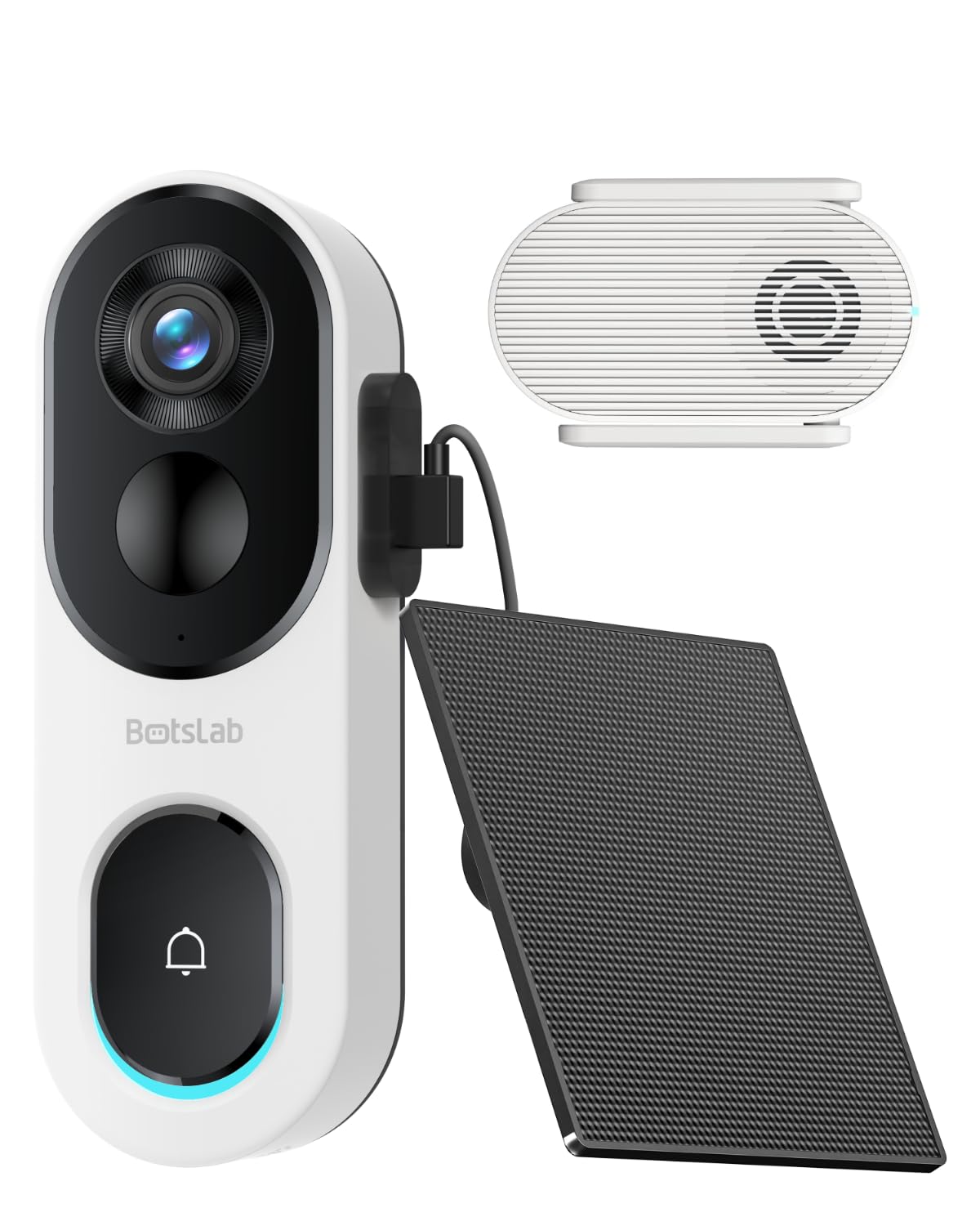 BOTSLAB Solar Powered Doorbell Camera Wireless, No Subscription Required, 2K Video Doorbell with Head-to-Toe View, Package Detection, Human Detection, 2-Way Audio, Easy Installation, 2.4GHz WiFi Only