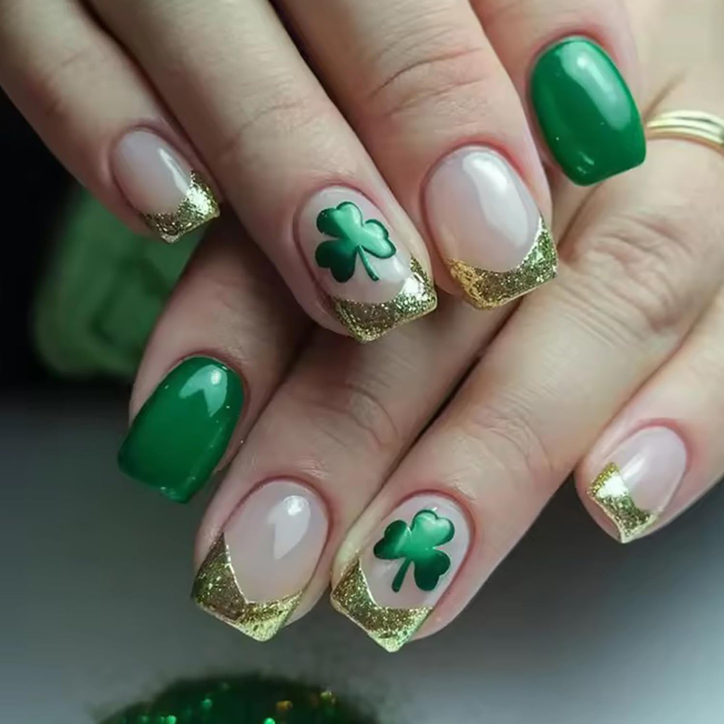 French Tip Press-On Nails - Short Square Floral Design with 3D Rhinestones | 24 Pcs Glossy Acrylic Set
