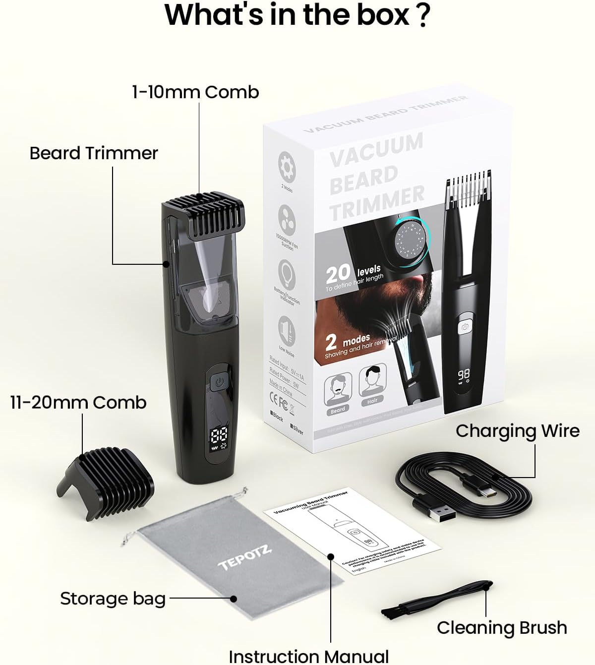 Beard Trimmer for Men - Adjustable Length Stainless Steel Blade | Waterproof Wet/Dry with LCD Display