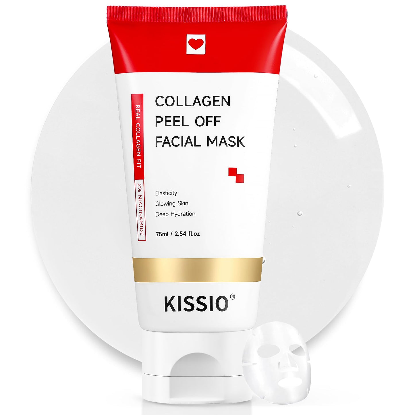 KISSIO Hydrolyzed Collagen Mask,Peel Off Mask for Glow,Hydration and Plump,Facial Mask with Collagen,2% Niacinamide and Salicylic Acid,Glass Skin Care,2.54 FL Oz