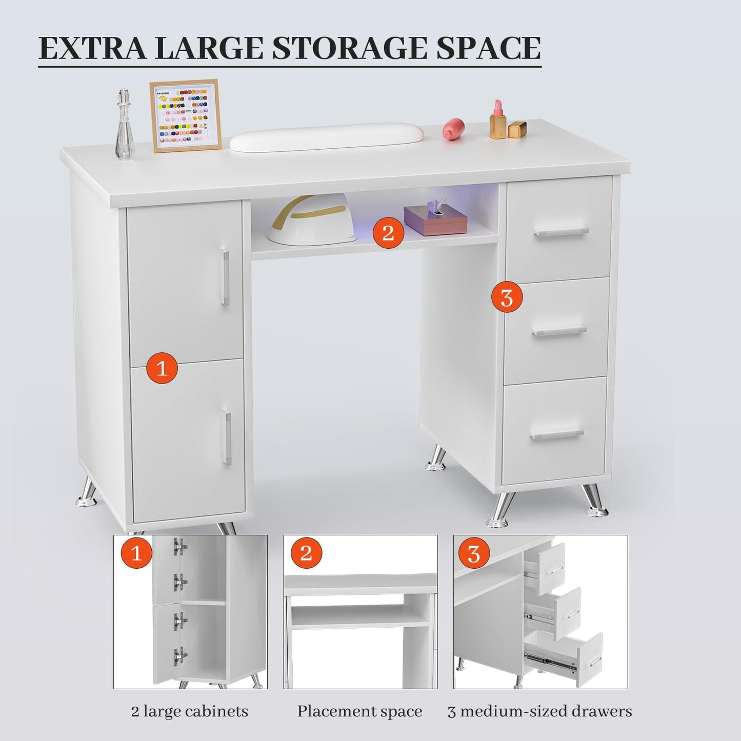 White Nail Desk for Nail Tech,Acetone-Resistant Manicure Table Nail Tech Desk with Drawers Nail Tech Table Station Storage Cabinet, Open Drawer, Wrist Pad, Metal Legs, for Beauty, Salon, Spa Makeup