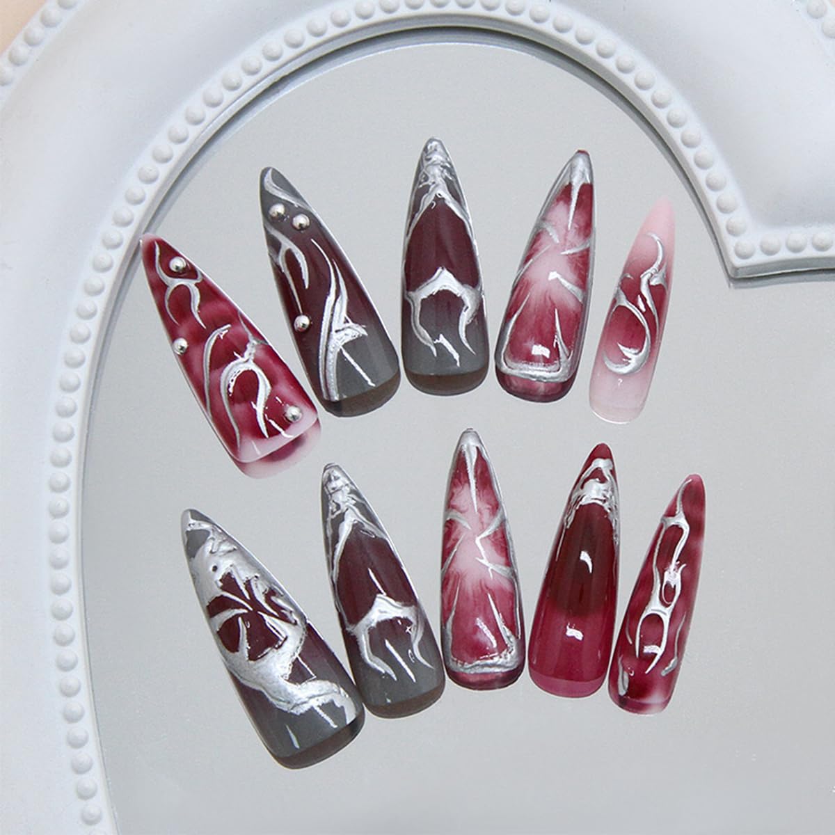 Gothic Press On Nails - Long Stiletto Acrylic Nails with 3D Metal Balls | Dark Red Gradient, 24 Pcs