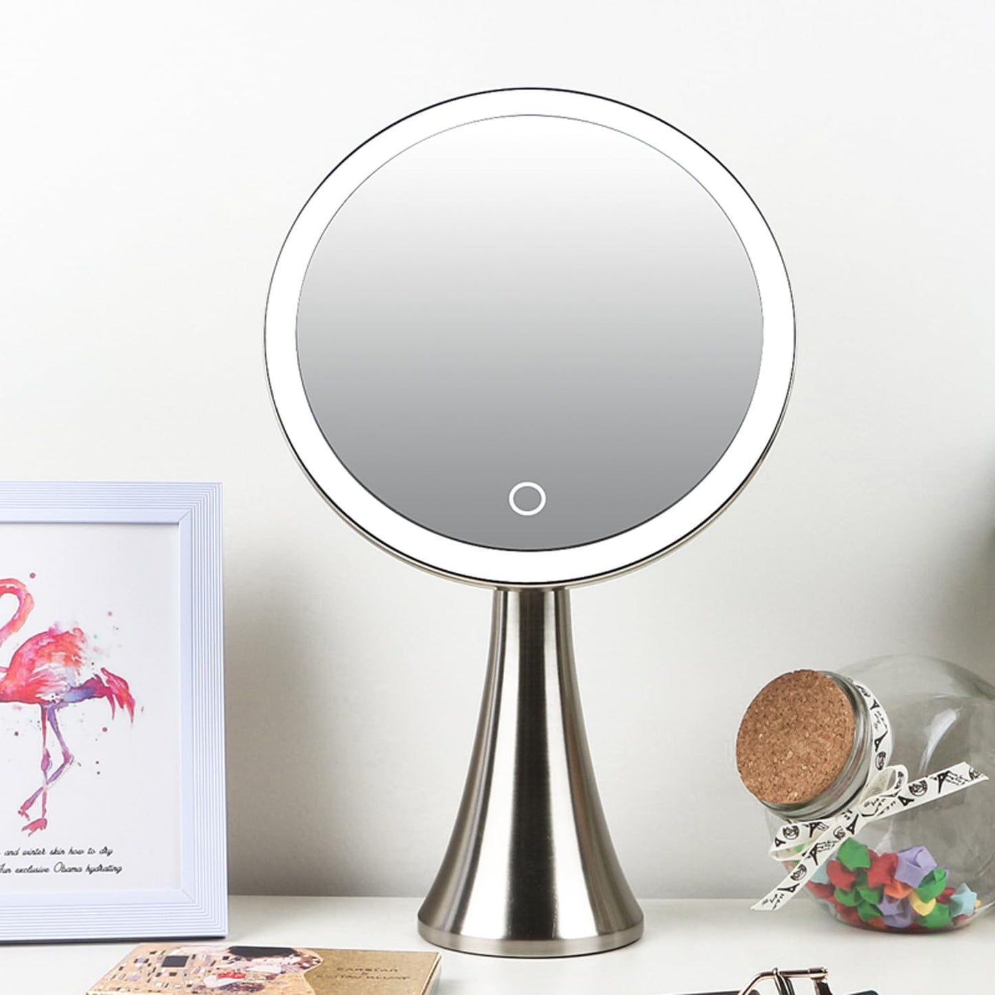 Lighted Makeup Mirror - 9-Inch Dual Magnifying 5x/10x | Adjustable Brightness, 360° Rotation, Rechargeable