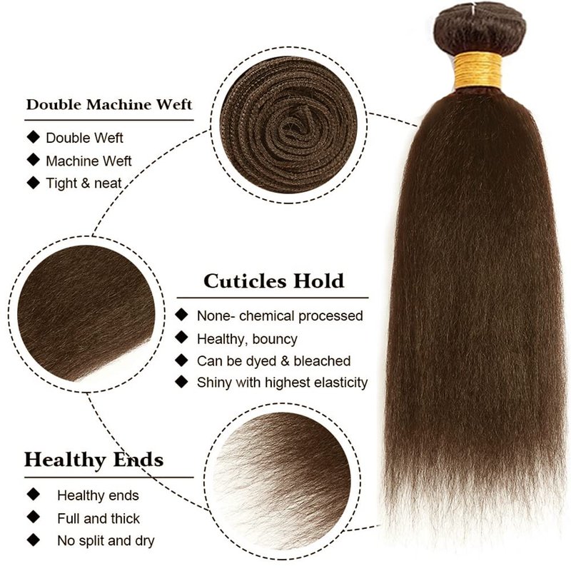 #4 Chocolate Brown Bundles Human Hair Kinky Straight 3 Bundles 22 24 26 Inch Brazilian Remy Hair 50 Grams/Bundle Unprocessed Virgin Hair Color #4 Brown Yaki Straight Bundle Weaves Extensions