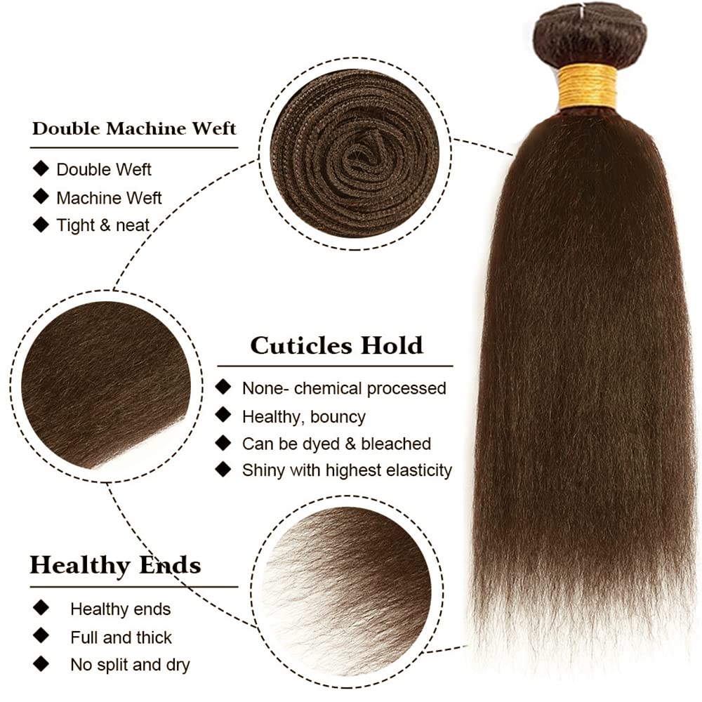 #4 Chocolate Brown Bundles Human Hair Yaki Straight Bundles 20 Inch Kinky Straight Bundles Unprocessed Brazilian Virgin Hair Deals Quick Weave Hair Extensions 1 Bundle 50 Gram Per Bundle