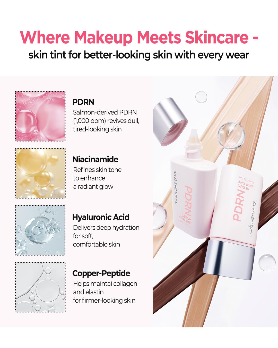 JUNG SAEM MOOL PDRN Serum Skin Tint, Lightweight Dewy Radiance Glow, Buildable Coverage, PDRN-infused Skincare Formula, 24H Hydration, Skin Barrier Support (1.35 fl oz | 40 ml) 19N