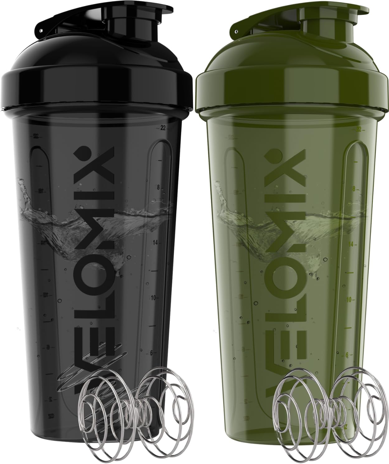 Protein Shaker Bottles - 28 oz Leak Proof Shaker Cups with 2 Wire Whisks | 2-Pack (Black/Transparent)