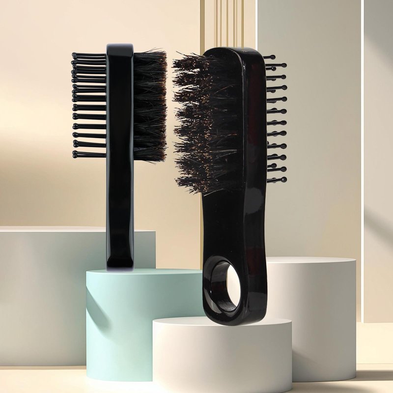 2Pcs Mini Barber Fade Brush for Men - Double Sided Hair Brush with Natural Boar Bristles & Nylon Teeth, Wooden Handle Beard & Hair Styling Tool for Cleaning Loose Hair, Scalp Massage & Grooming