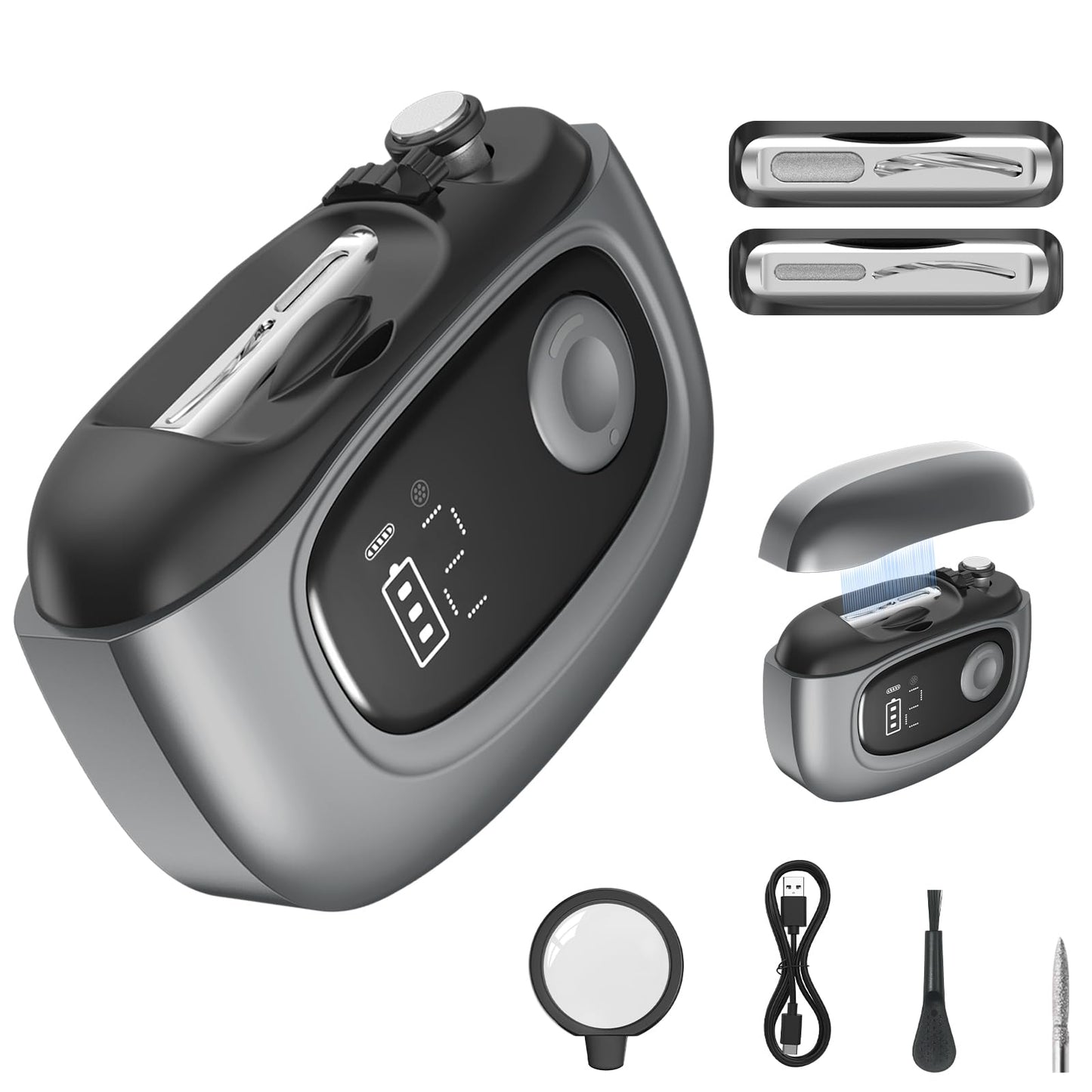 Electric Nail Clipper Adjustable Width & Narrow Double-Groove Blades, Adjustable Speed, Debris Collection Tray, 2 Nail Files, LED Light & Magnifying Glass, Ideal for Fingernails and Toenails（Black）