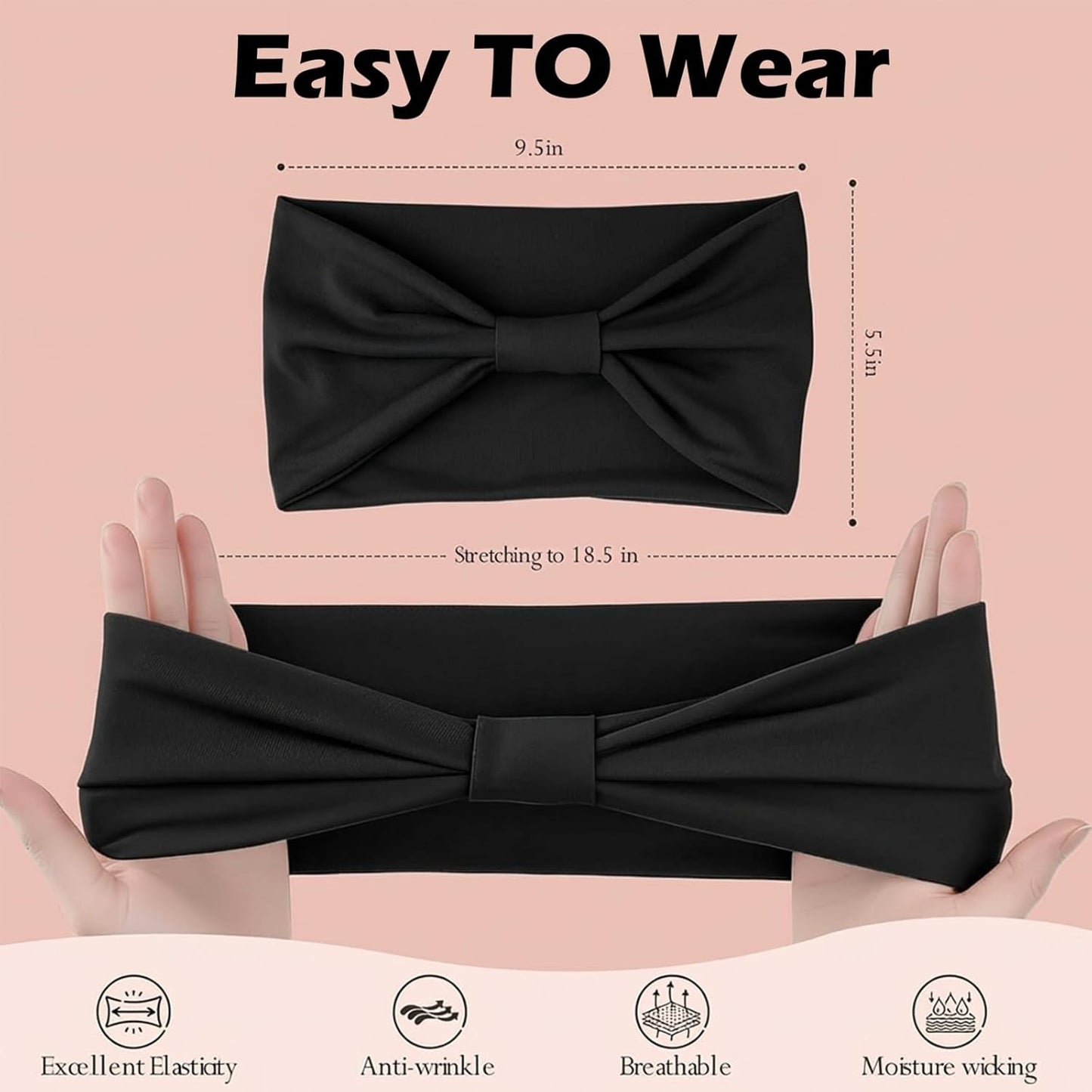Wide Elastic Headbands for Women - 6 Pack Non-Slip Thick Sports Bands | Soft Knotted for Workout, Makeup & Spa