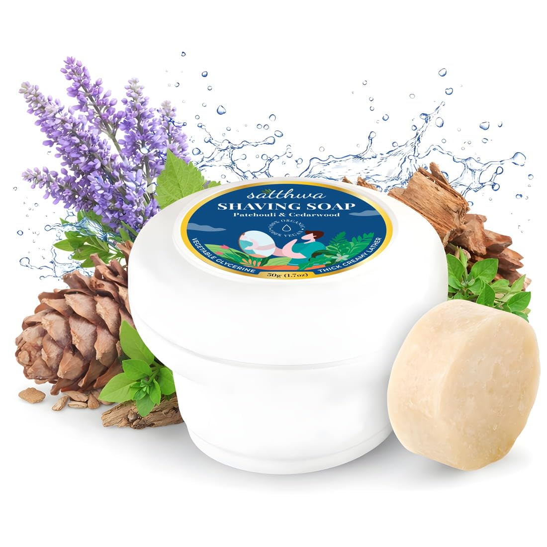Satthwa Organic Shaving Soap Puck infused with Patchouli & Cedarwood | Create the Perfect Lather | Excellent for Silky Smooth Shaves | Hydrates and Shields, 50g (1.7oz)