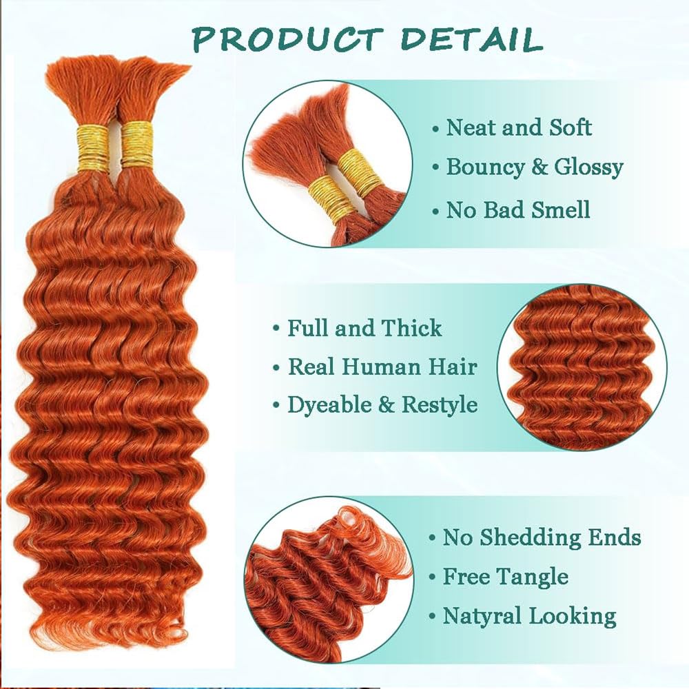 Ginger Boho Human Hair Deep Wave Bulk 28 28 28 Inch 350 Braiding Hair Deep Curly Orange Boho Human Hair Extensions for Woman