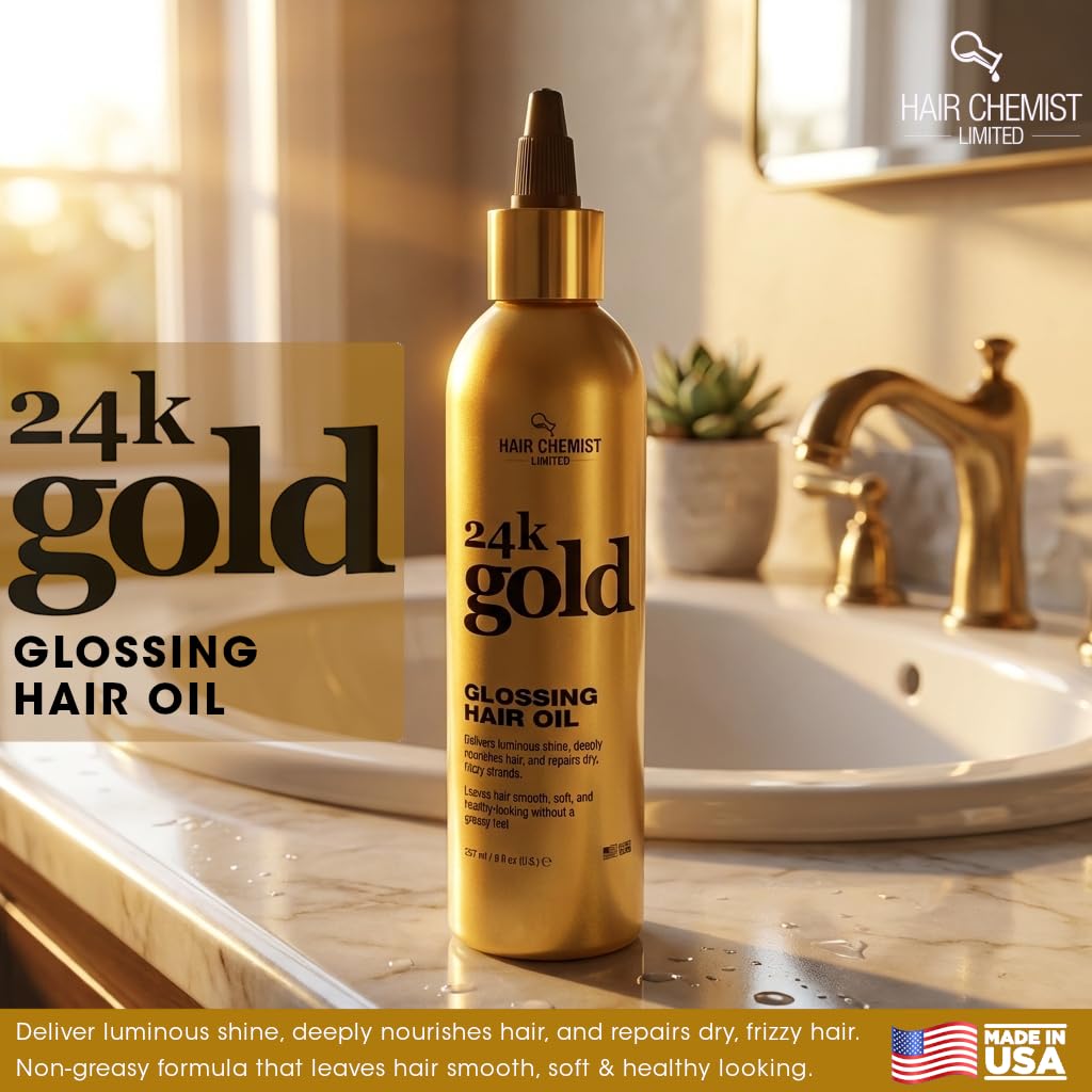 Hair Chemist 24k Gold Glossing Hair Oil 8 Ounce– Lightweight Anti-Frizz Shine Serum for Dry, Damaged Hair – Nourishing & Smoothing Treatment, Non-Greasy, Soft & Silky Finish
