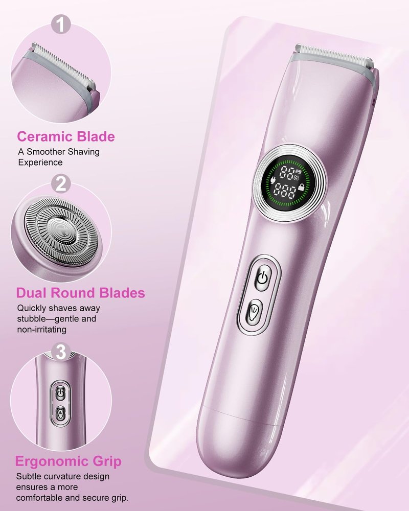 2-in-1 Electric Bikini Trimmer for Women: Dual Head Pubic Area Body Hair Shaver for Womens - Rechargeable IPX6 Wet Dry Razor with LED Display for Female - Painless Facial Removal Ceramic Blade Shavers