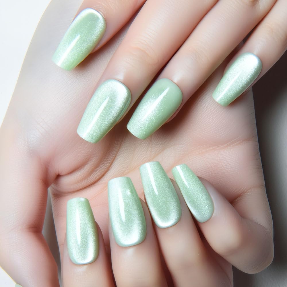 Aqua Blue Cat Eye Press-On Nails - Medium Square Chrome Design | Holographic Glitter Gel Acrylic Reusable