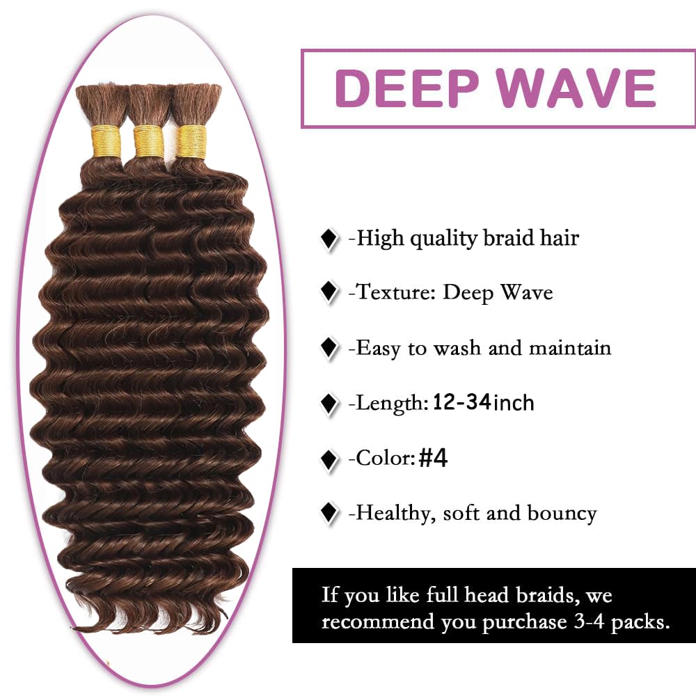 #4 Brown Human Hair Braiding Hair For Boho Braids 28 28 28 Inch Chocolate Deep Wave Bulk Human Hair Unprocessed Brazilian Virgin Hair 3 Bundle 50 Gram Per Bundle No Weft Extensions