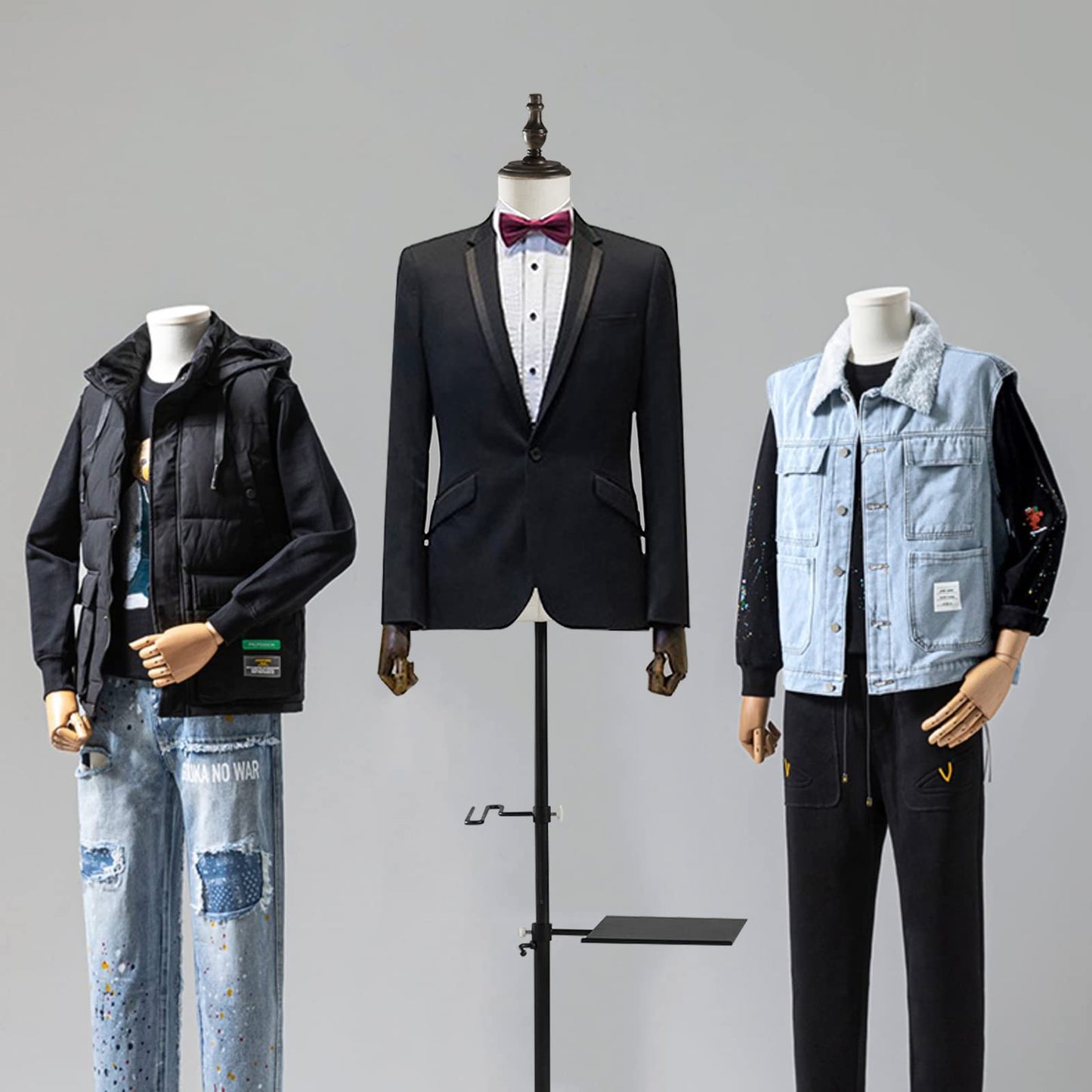53-76inch Male Mannequin Torso with Wooden Arms Metal Stand, Height Adjustable Dress Form Male with Detachable Trousers Rack and Shoe Holder, Pinnable Torso Display for Clothing Retail Sewing Shop