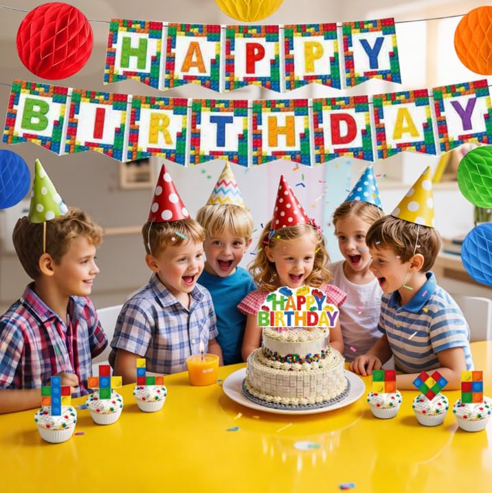 Building Block Birthday Party Decorations Set - 20pcs Banner & Cupcake Toppers
