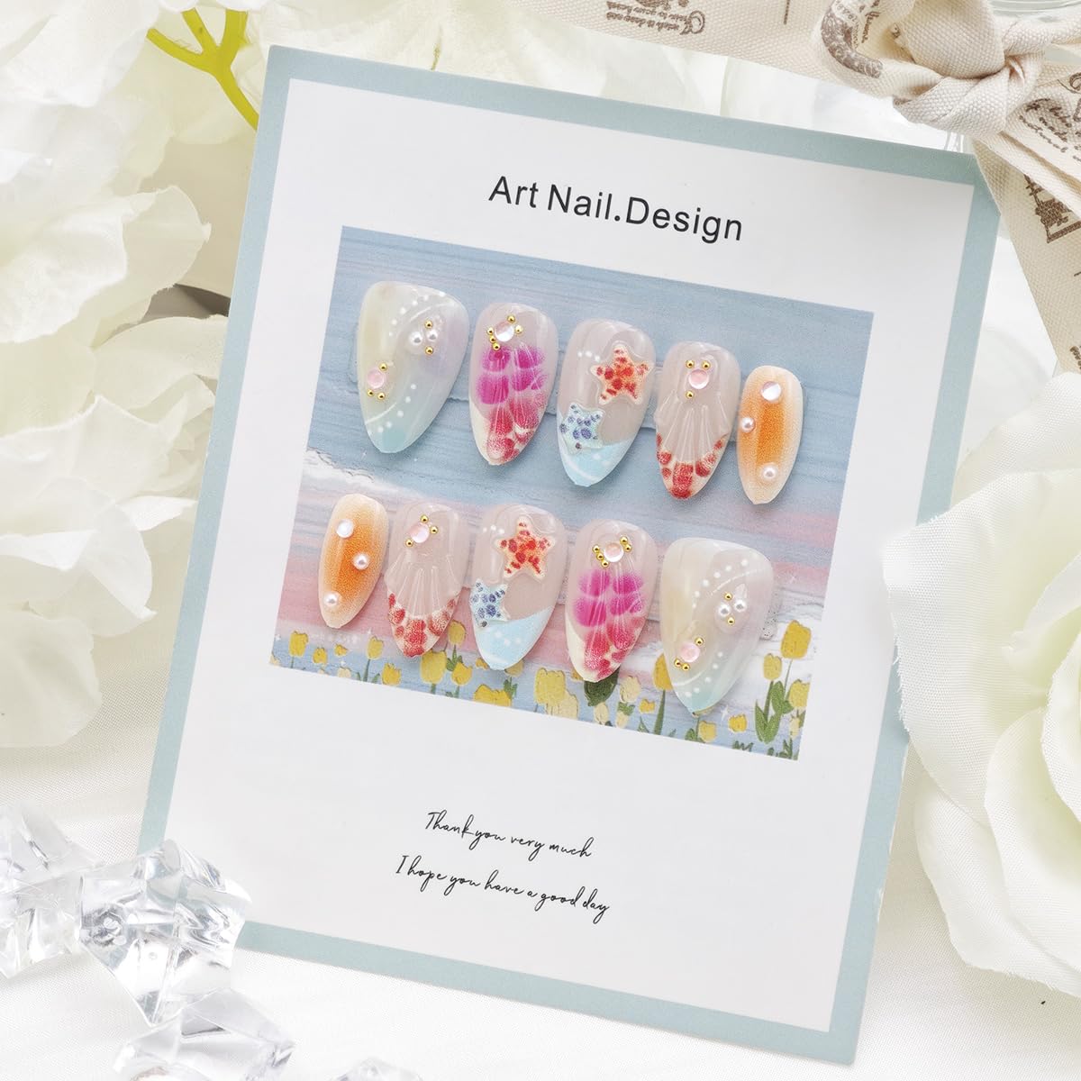 30Pcs Summer Beach Press on Nails Short Almond Fake Nails 3D Shell Starfish ＆Gold Gems Rhinestones Designs Full Cover French Tip Stick on Nails Ocean False Nails for Women Acrylic Manicure DIY