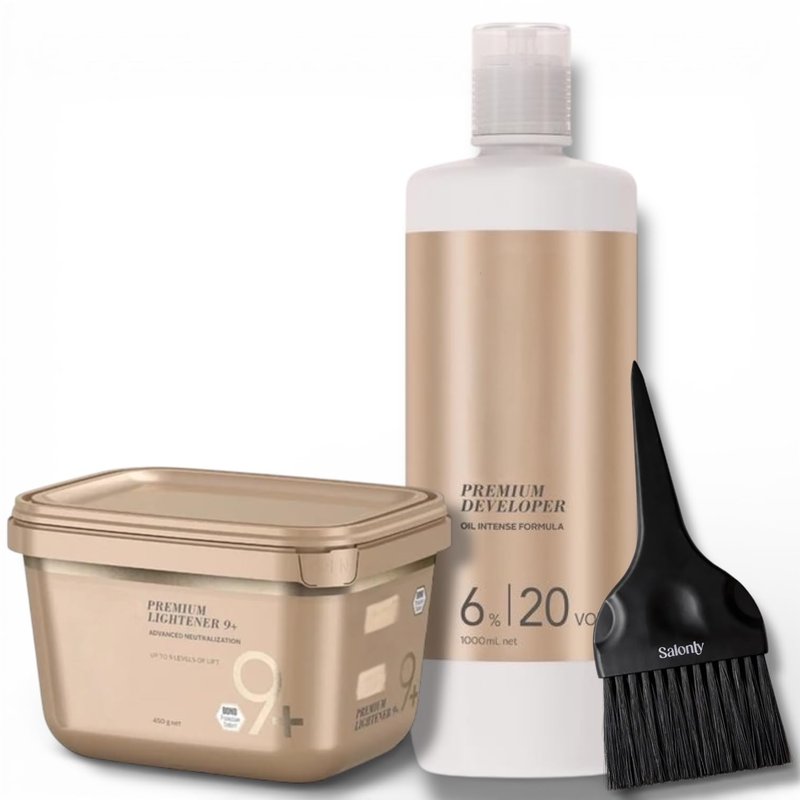 Blonde-Me Lightener 9+ Bleach 450 grams, Blonde-Me Developer 6% / 20 Volume 1 Liter and Salonly Tint Brush (3pc Bundle)