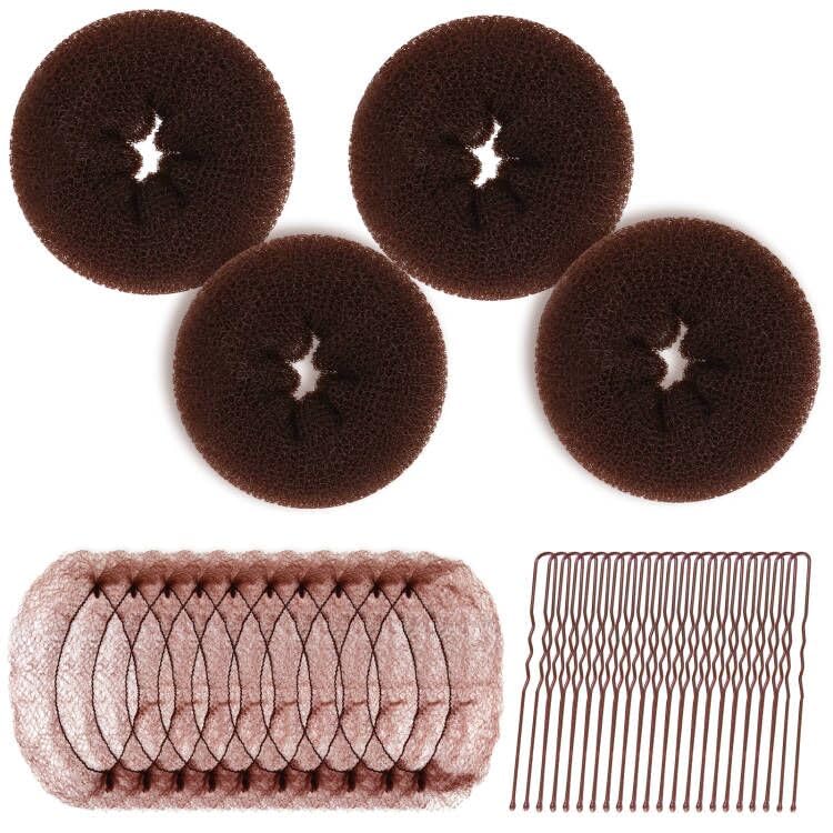 Teenitor Dark Brown Hair Bun Maker Kit - 4 Medium Donuts, 10 Nets & Pins for Perfect Updos