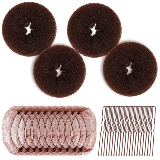 Teenitor Dark Brown Hair Bun Maker Kit - 4 Medium Donuts, 10 Nets & Pins for Perfect Updos