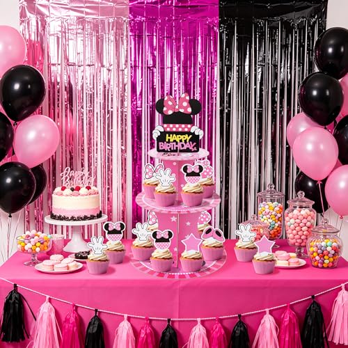 3-Tier Black and Pink Cartoon Cupcake Stand with 24 Toppers