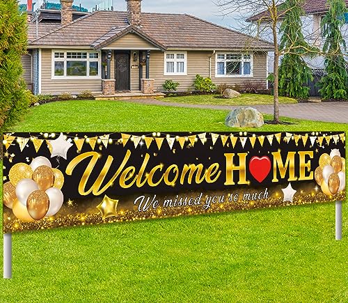 Welcome Home Banner Decoration - Black Gold Vinyl Sign for Indoor/Outdoor Celebrations