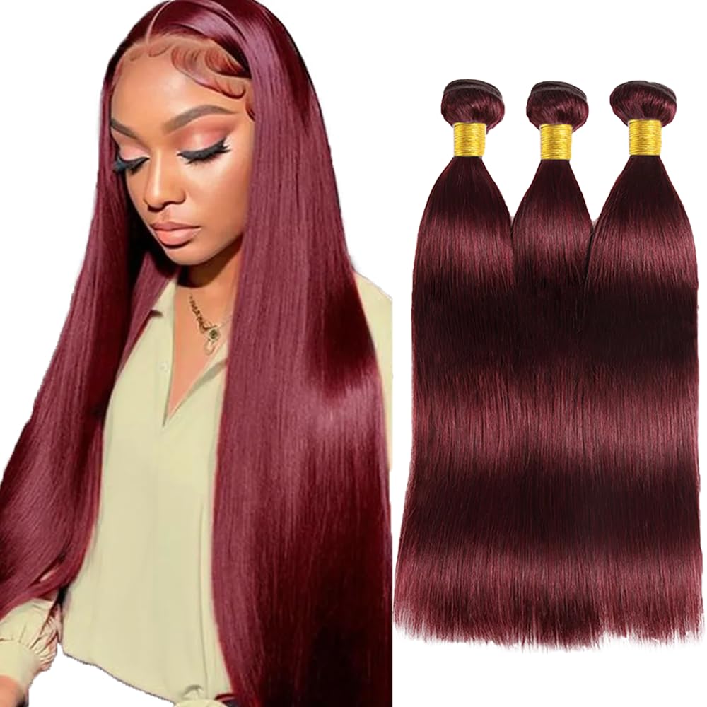 16 18 20 Inch #99J Burgundy Bundles Human Hair Straight Bundles Wine Red Color Straight 3 Bundles 50g/Bundle Unprocessed Brazilian Virgin Weave Hair Extensions for Black Women