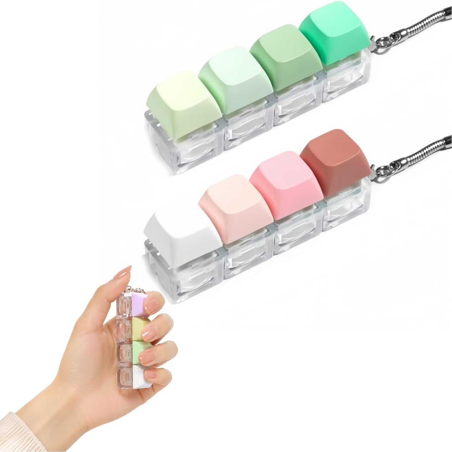 Keyboard Fidget Toy Set - 4-in-1 Decompression Button Keychain for Stress Relief | Pink & Green