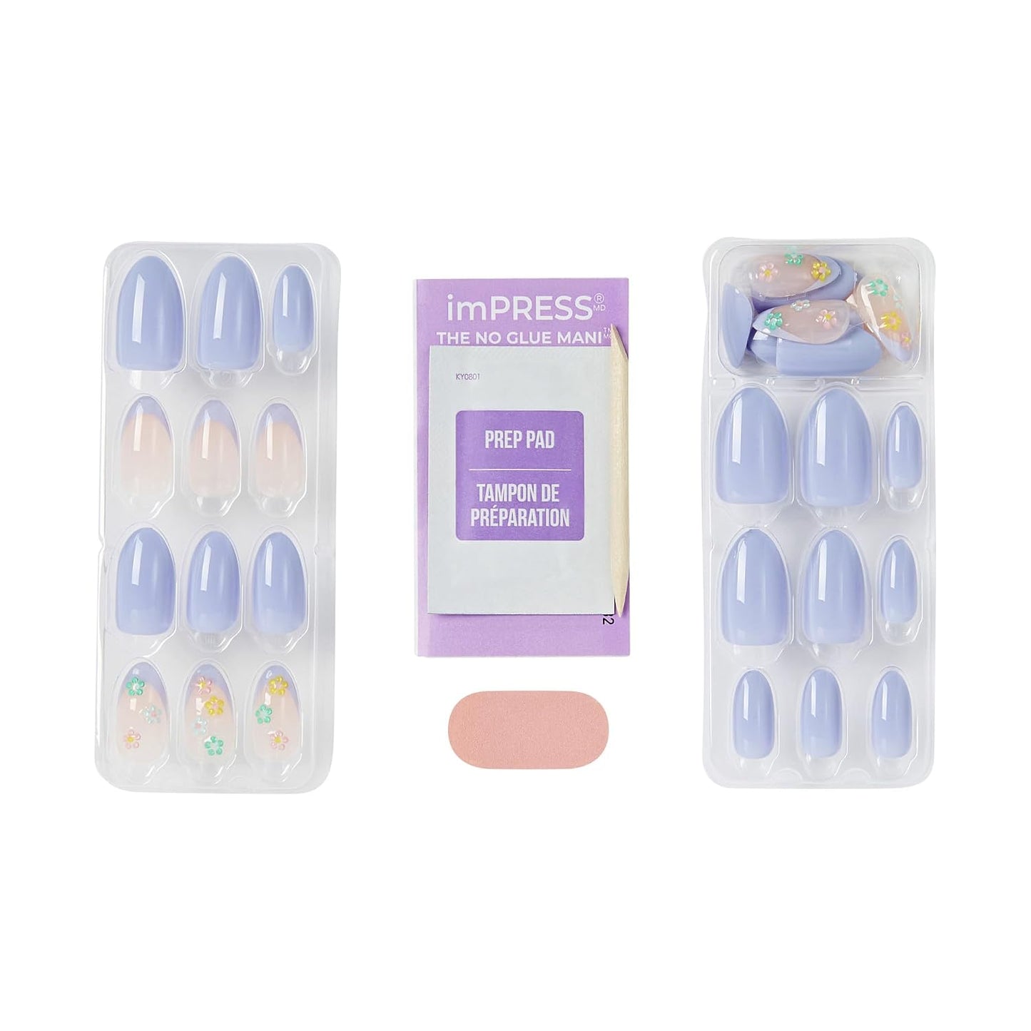 Impress No Glue Mani Press On Nails - Pastel Bloom Design, Medium Almond Shape | 30 Nails, Mini File & Prep Pad Included