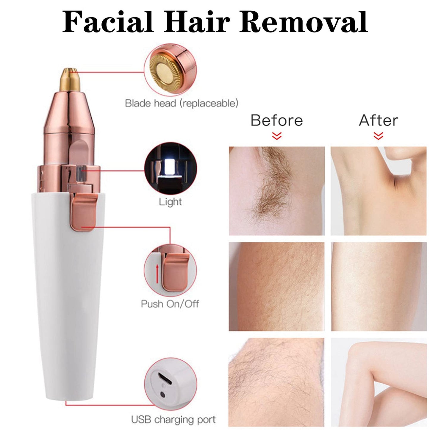 Facial Hair Remover for Women,Nose Hair Trimmer Rechargeable 2-1 Eyebrow Razor Portable Electric Shaver Painless Hair Remover Device for Face Nose Peach Fuzz Body Beard Lips Chin Female Hair Removal