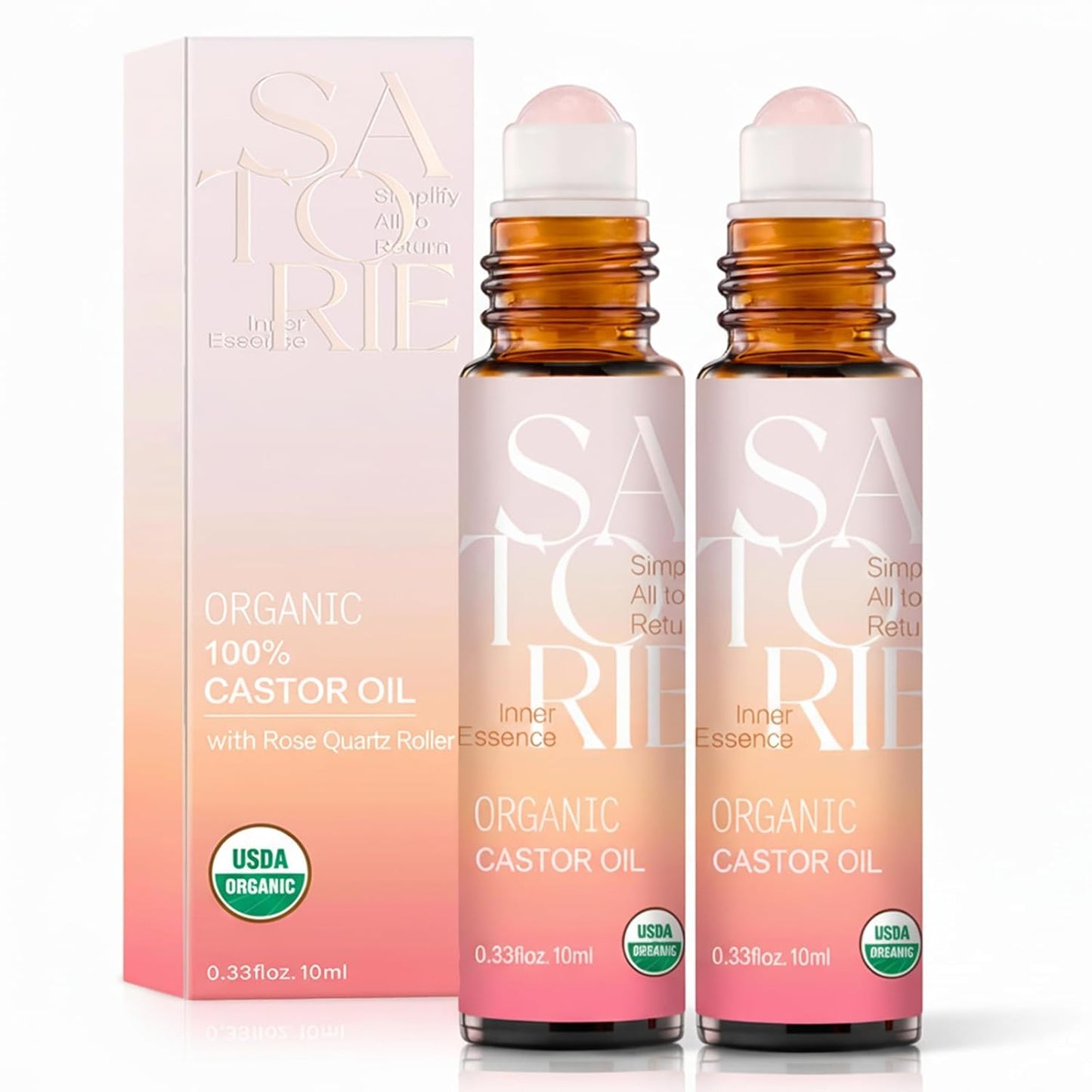Organic Castor Oil with Rose Quartz Rollerball - USDA Certified 100% Pure Roll-On for Face, Under Eyes, Brows & Lashes | Deep Moisture & Hair Growth (2-Pack, 0.68 fl. oz)